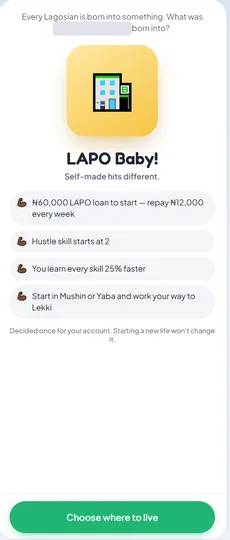 Birth lottery result card reading LAPO Baby, with a ₦60,000 LAPO loan repaid at ₦12,000 every week.