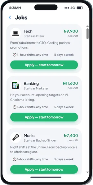 The in-game phone open on the Jobs app, listing Tech at ₦9,900, Banking at ₦11,600 and Music at ₦7,400 per shift.